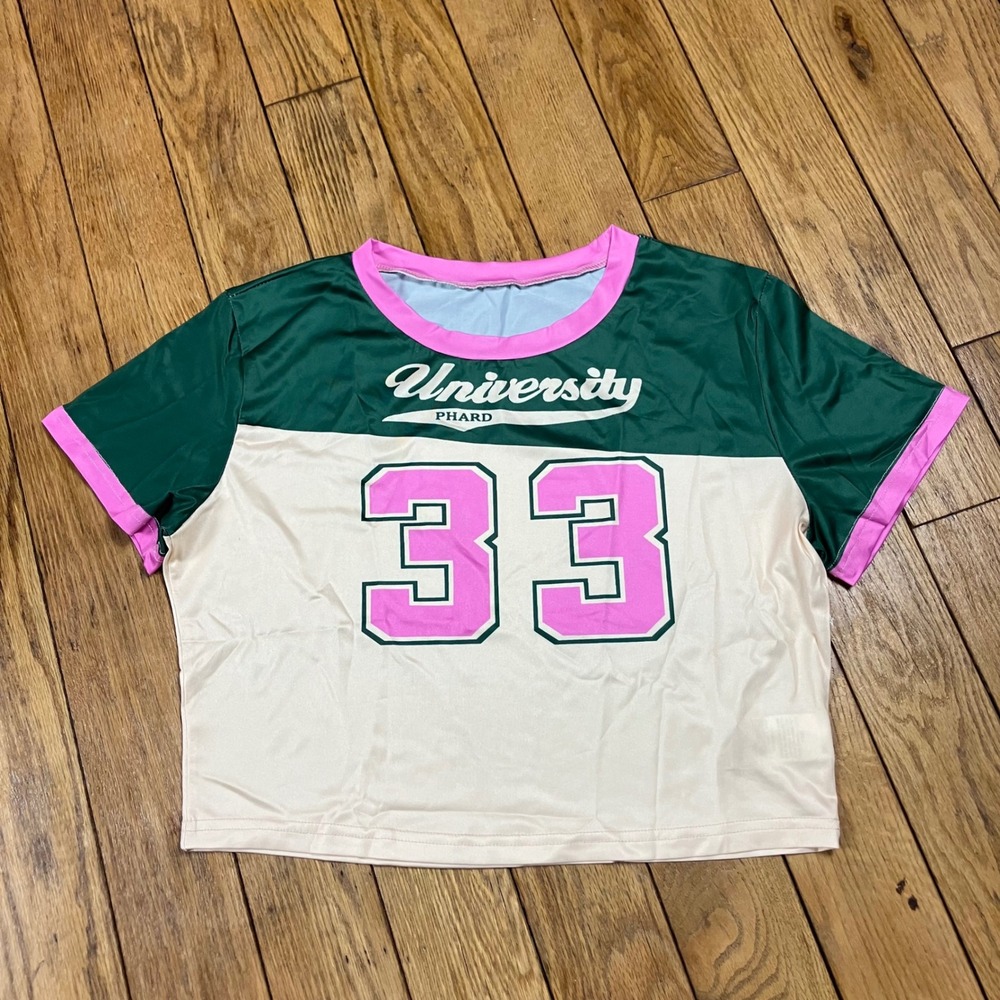 NEW Phard University 33 Graphic Crop Top Green Cream‎ Pink Short Sleeve Womens L